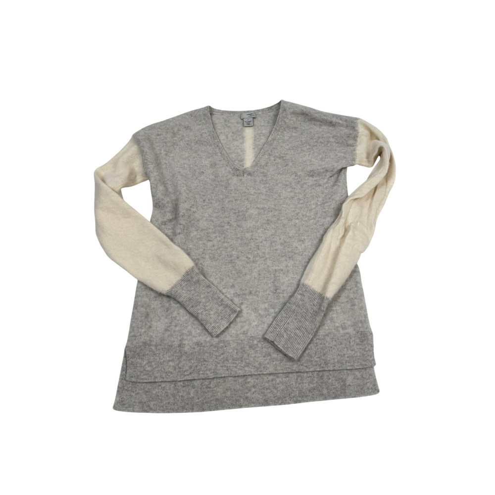 Halogen Womens 100% Cashmere V-Neck Colorblock Sweater Grey Cream Small